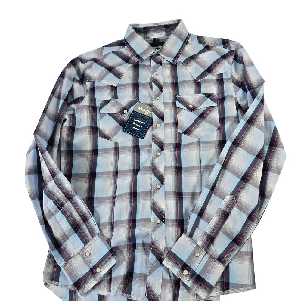 Wrangler Mens Authentic Western Snap Front Plaid Shirt Blue MVG315B M